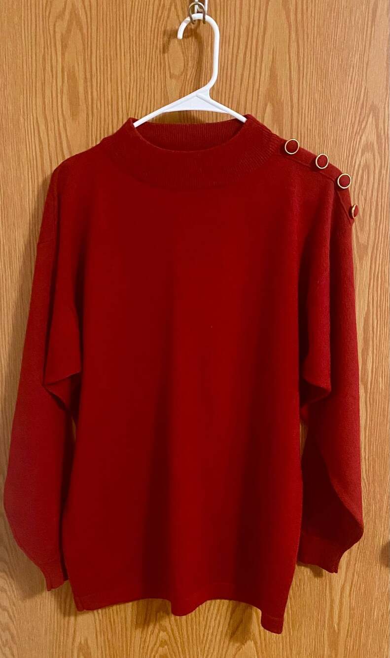 Casual Corner Vintage Red Mock Neck Sweater with Gold Button Shoulder Detail